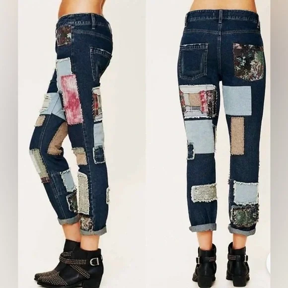 FREE PEOPLE Patched patchwork slim slouch jeans size 30 - Picture 2 of 8